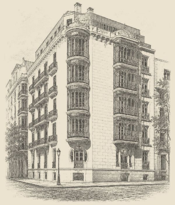 Grabado de la fachada de Casa Ayala, esquina con miradores y cúpulas
