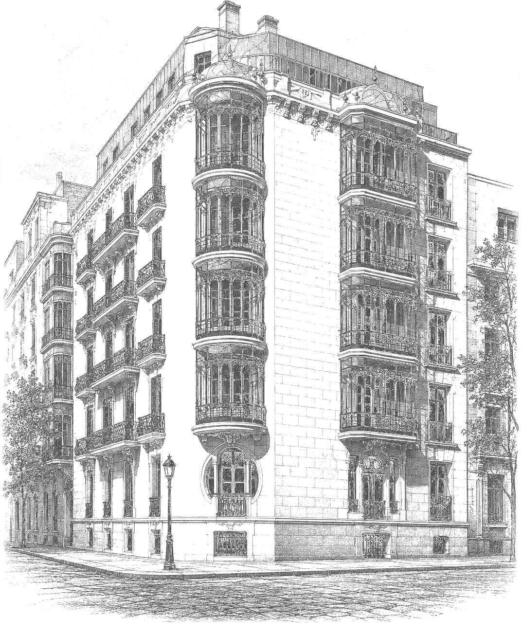 Alzado ilustrado de Casa Ayala, esquina de la calle de Ayala con General Díaz Porlier