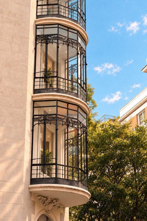 Miradores de hierro y vidrio de Casa Ayala superpuestos contra el cielo azul