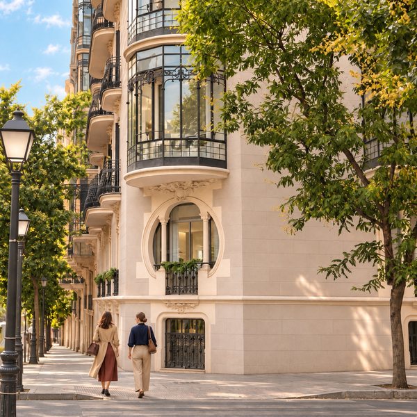 Dos mujeres paseando junto a la esquina de Casa Ayala, bajo su mirador de hierro y vidrio