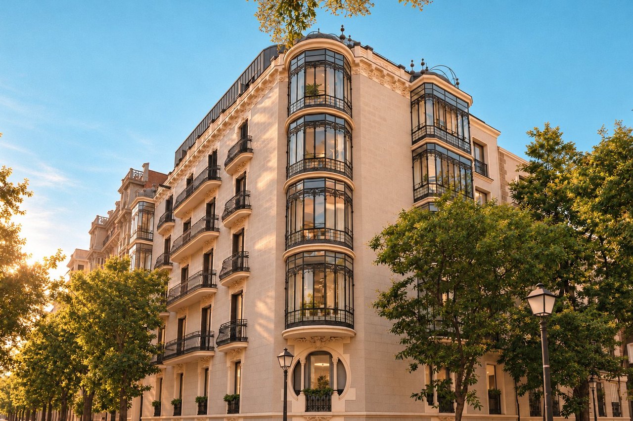 Fachada modernista de 1907 de Casa Ayala, con sus miradores de hierro y vidrio en la esquina de la calle de Ayala