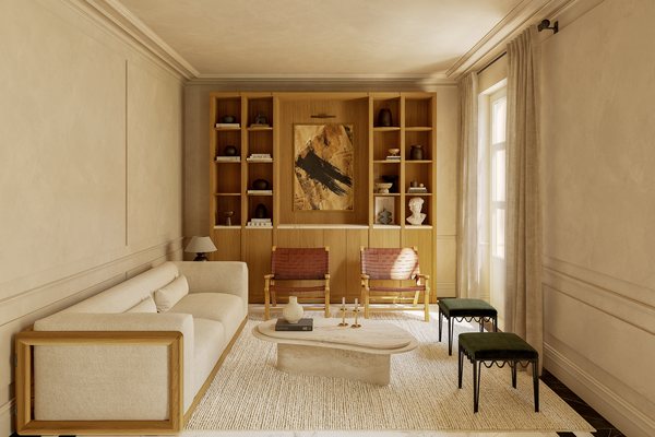 Salón del semiático con librería de roble a medida, sofá y dos butacas de cuero